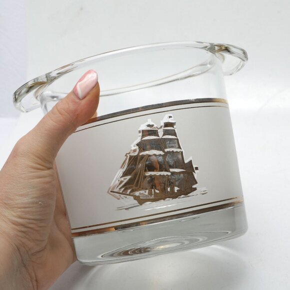 Vintage Nautical Frosted Glass Ice Bucket Ship Gold Clear France  Culver MCM - Picture 6 of 10